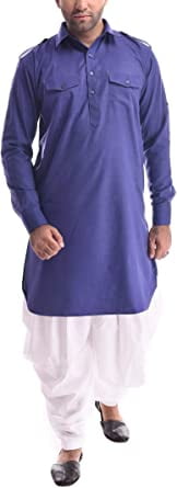 Royal Kurta Abito Pathani Casual Misto Ricamo Collo Uomo Salwar 44 Blu, Blu, 44