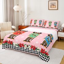 jejeloiu Happy New Year Red Flower Leaves Christmas Nutcracker Soldier Twin Sheet Set,Ultra Soft Teens Bedding,3-Piece