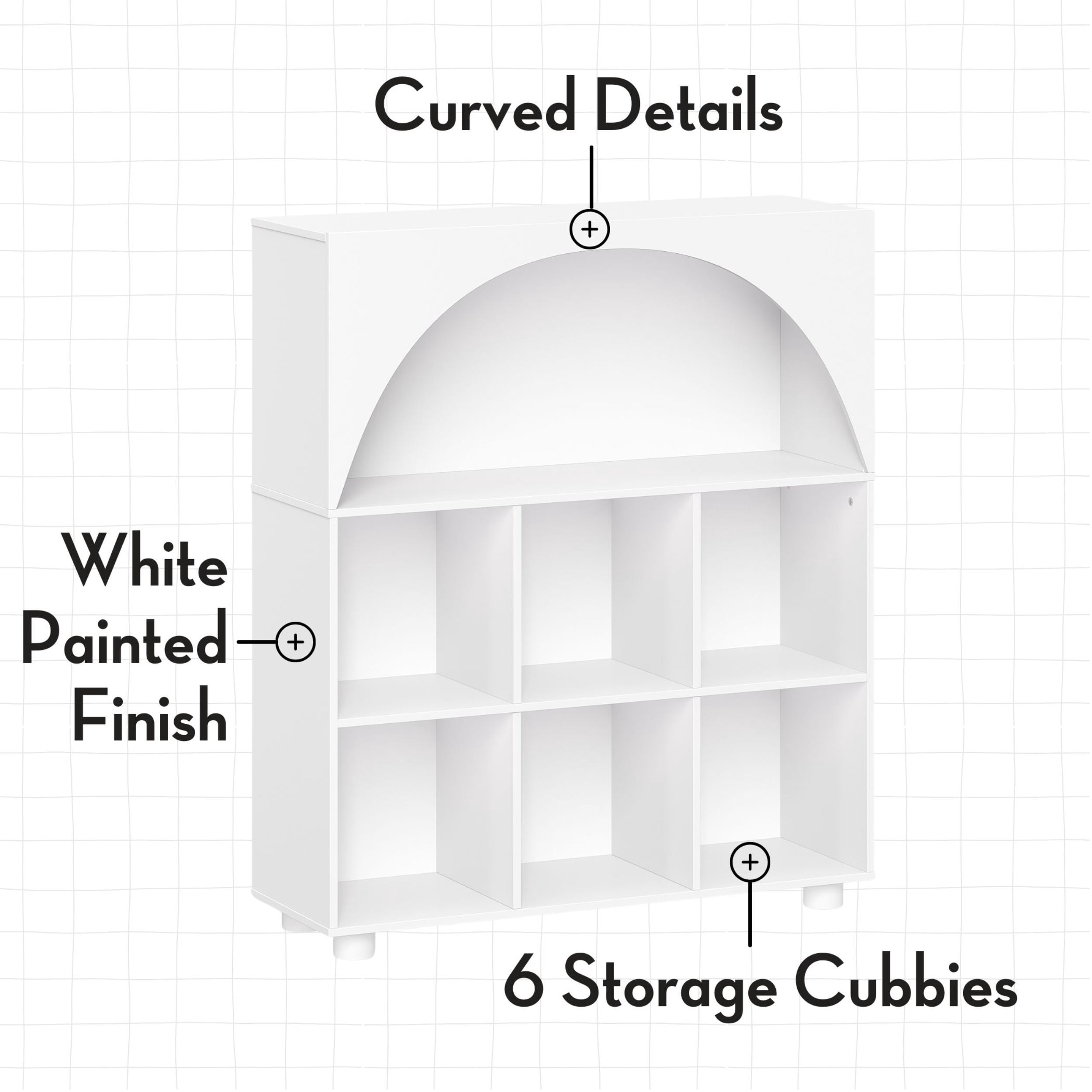 RiverRidge Kid Curve Appeal 35in Arched Bookcase with Cubby Storage Shelf and 2 Taupe Bins