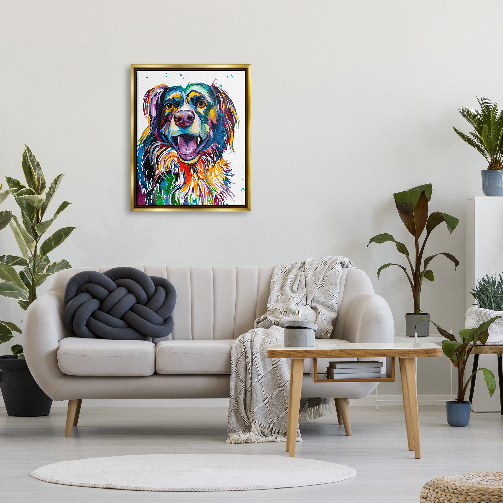 Stupell Happy Dog Bold Rainbow Style Animals & Insects Painting Gold Floater Framed Art Print Wall Art