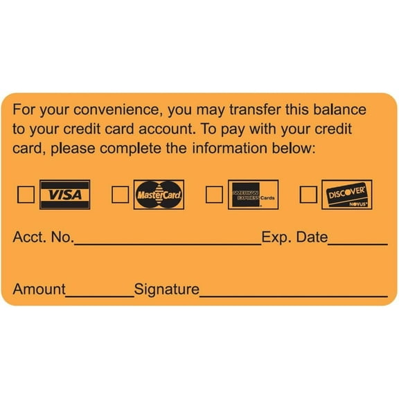Credit Card Payment Authorization Label Visa MasterCard Express Discover, Fluorescent Orange 3-1/4" x 1-3/4", Permanent Adhesive, 250 Stickers/Box,