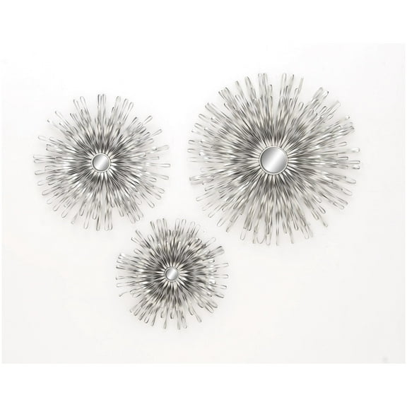 DecMode Silver Metal 3D Looped Sunburst Wall Decor with Mirror Accent (3 Count)