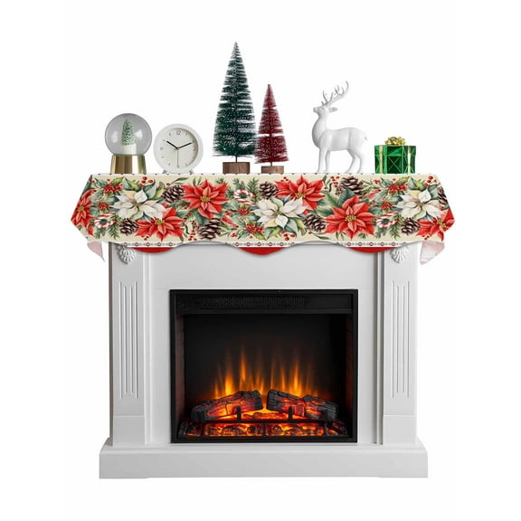 Christmas Poinsettia Mantel Scarf Fireplace Decorations for Living Room, Red Xmas Flowers Botanical Winter Fireplace Mantel Scarf Cover Runner for Halloween/Thanksgiving/Christmas Decor 90"x17"