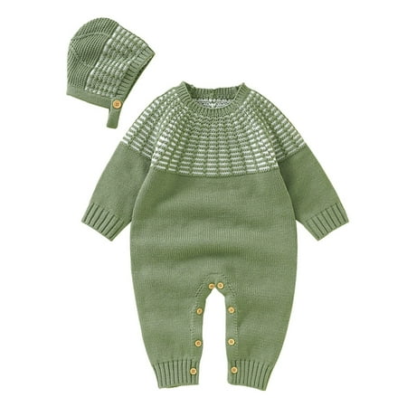 

Boy Girl Patchwork Knitted Sweater Baby Jumpsuit Romper Cotton Caps Hat Outfits Sets Clothes Tan Outfit Toddler Boy