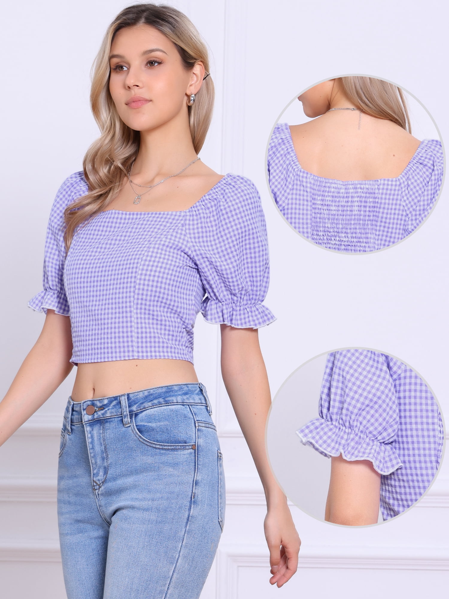 DARING DIVA Women's Smocked Crop Bubble Sleeve Peasant Gingham Tops M Light Purple