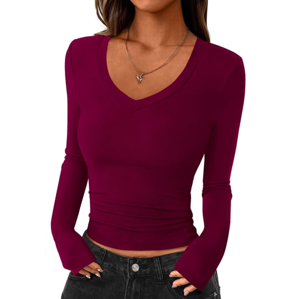 Remera PRETTYGARDEN Otoño 2025 Crop Top Escote Profundo en V Vino Tinto Talle L