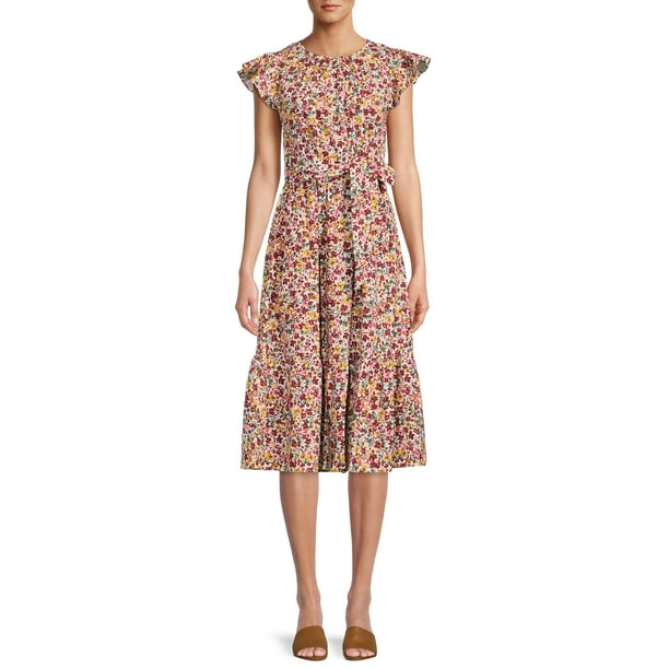 Time and Tru Women's Printed Midi Dress with Flutter Sleeves - Walmart.com