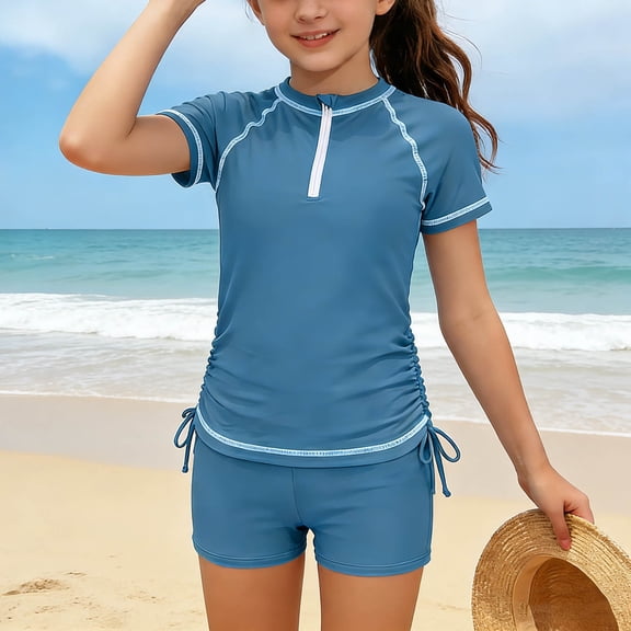 SGFCWSX Girls Short Sleeve Swimsuit, Kids 2 Piece Rash Guard Solid Color Half-Zip Swimwear for Beach Pool Vacation Yellow Size 11-12 Years