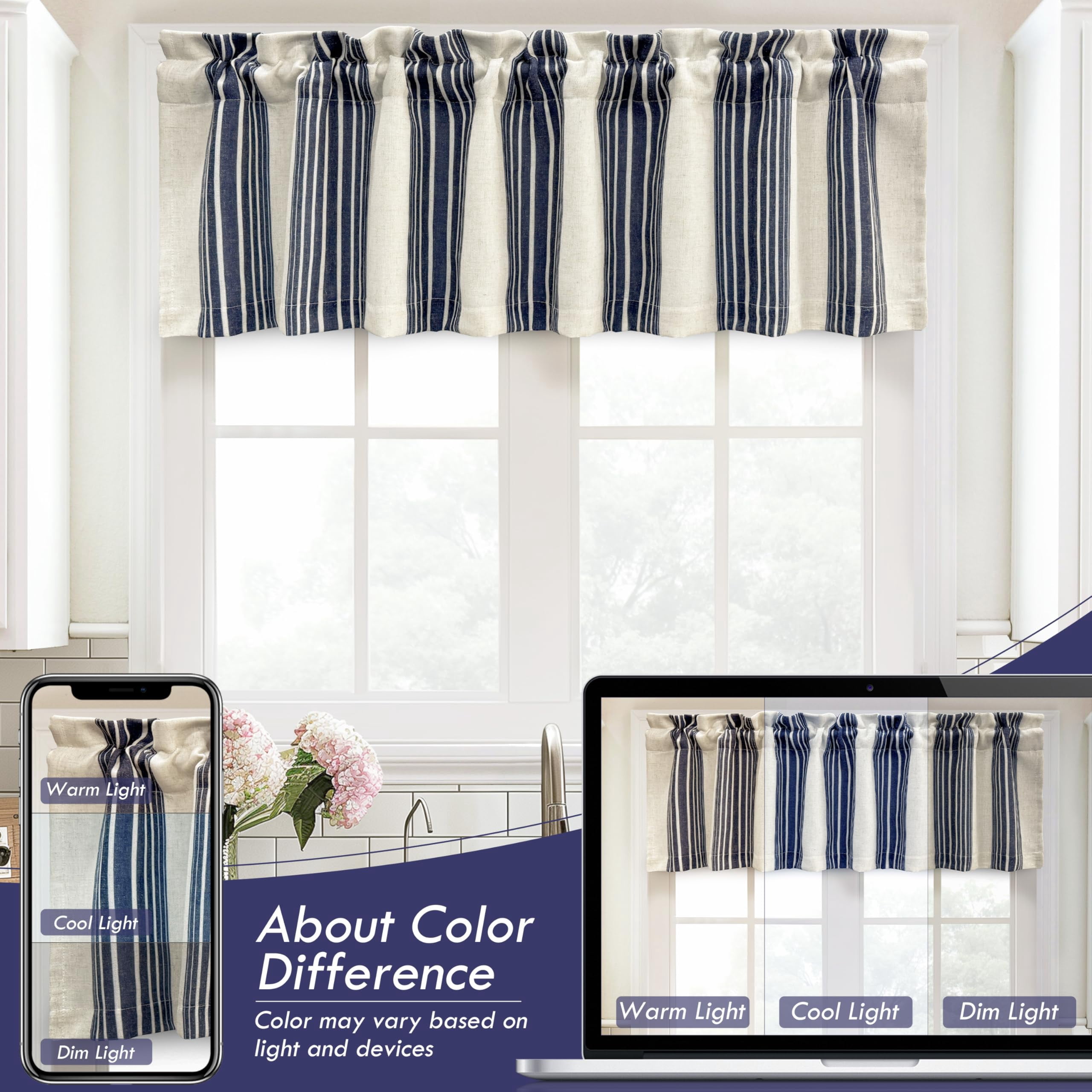 DriftAway Chris Linen Lined Valance Double Layer Thermal Insulated Room Darkening Blackout Valances 3 Inch Rod Pocket Vertical Striped Kitchen Valance for Bathroom 52 Inch by 14 Inch Ivory Dark Blue