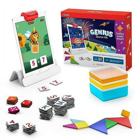 Osmo-Genius Starter Kit For iPad + Family Game Night-7 Educational Learning Games For Spelling &amp; Math-Ages 6-10-STEM Toy Gifts For Kids-Boy &amp;Girl-6 7 8 9 10(Osmo iPad Base Included