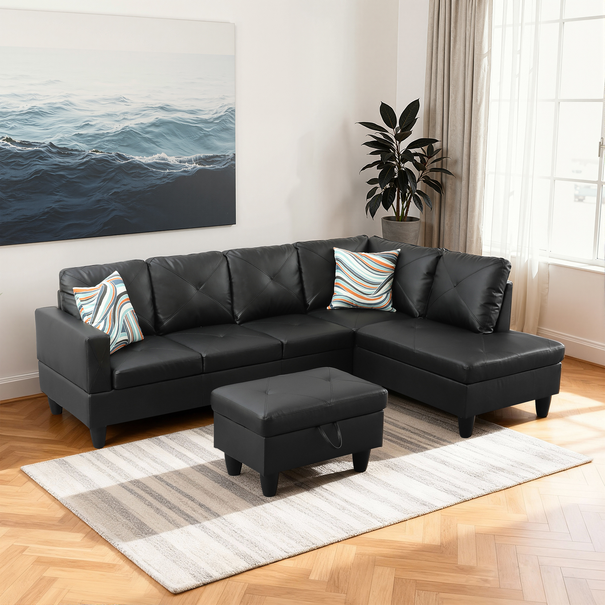 MAYEERTY 97" Faux Leather Sectional Couches, 3-Piece Modular Sofa Set with Reversible Chaise & Storage Ottoman, Black (Right)