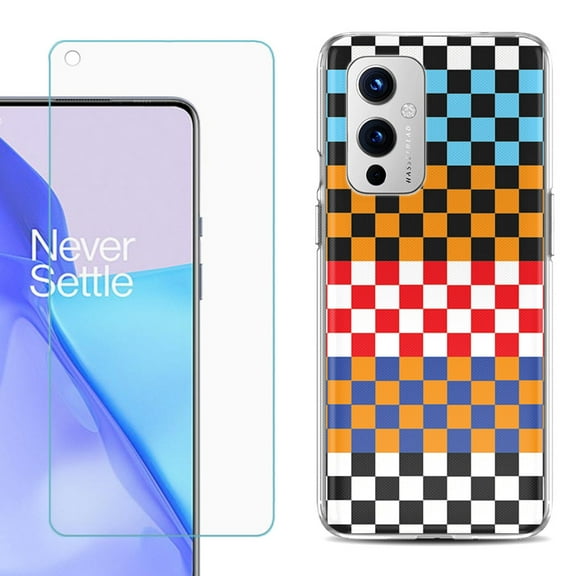 Slim-Fit TPU Phone Case Compatible with OnePlus 9 5G, with Tempered Glass Screen Protector, by OneToughShield ® - Colorful Checker