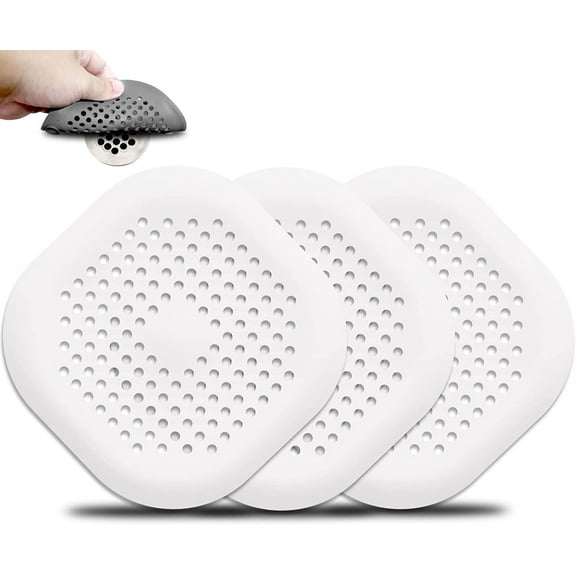 Hair Catcher Shower Drain, Durable TPR Silicone Square 5.5 Inch Flat Hair Stopper Drain Cover with Suction Cups Easy to Install Hair Stopper Suit for Bathroom,Bathtub,Kitchen, 3 Pack (White)