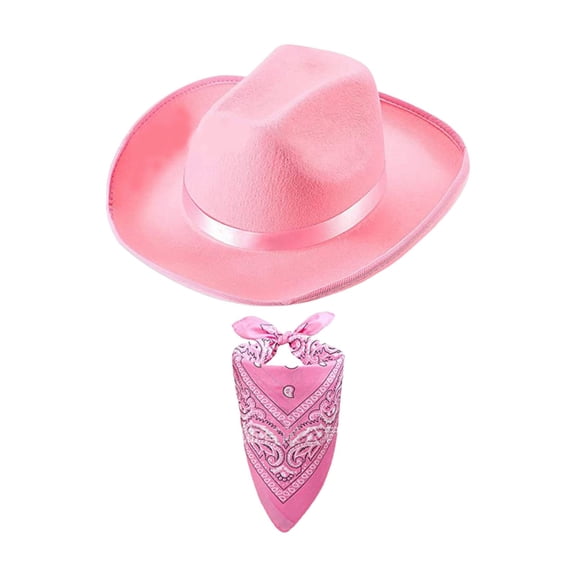 Segolike Western Wear Cowboy Hat and Bandanna Square Hair Scarf Big Brim Cap Cowgirl Hat for Adults Women and Men Performance Camping Cosplay , Pink