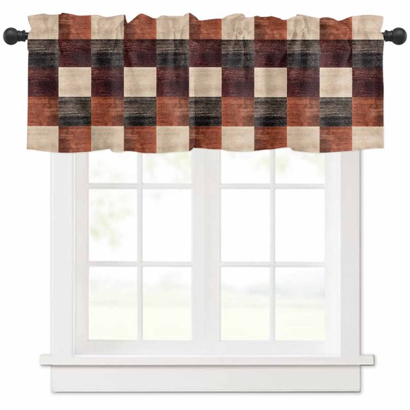 Rod Pocket Window Valances Modern Brown Beige Square Short Kitchen Curtains Vintage Boho Abstract Art Window Treatment Drapes for Bedroom Bathroom Living Room 54x18In,1 Panel