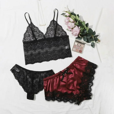 Levmjia Pajamas for Women Set Clearance Summer Plus Size New Sexy Lace Lingerie Silk Underwear Sleepwear Underwear Pajamas Satin