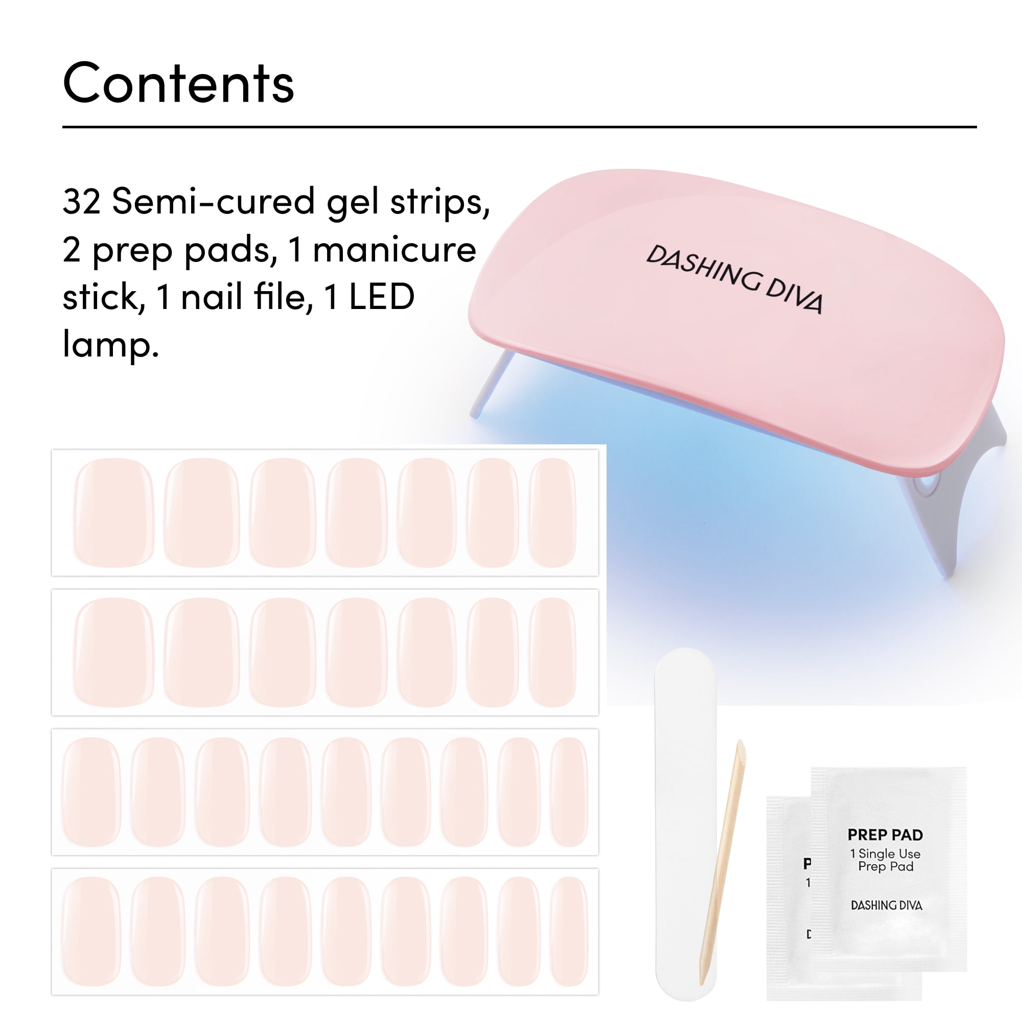 Dashing Diva GLAZE, Starter Kit, Semi-Cured Gel Nail Polish Strips, Between the Sheets, Includes 32 Strips and LED Lamp