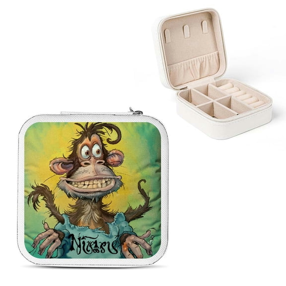 FCXZI Monkey Theme Jewelry Box for Necklace, Ring, Earring Storage, Compact Size Travel Case with Multiple Compartments and Zipper Closure White