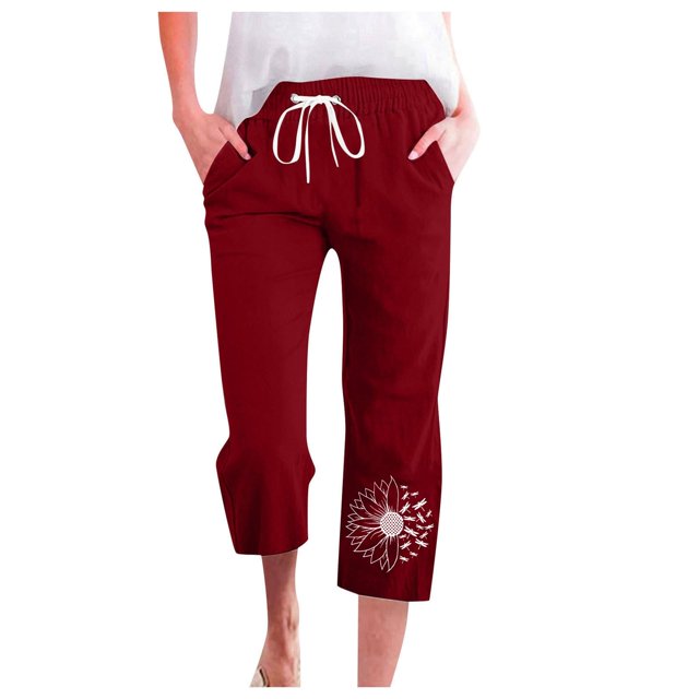 Womens Pants Spring Summer Lace Up Loose Slacks Solid Drawstring Capri Pants Pocket Red Trousers Pants for Women XXL