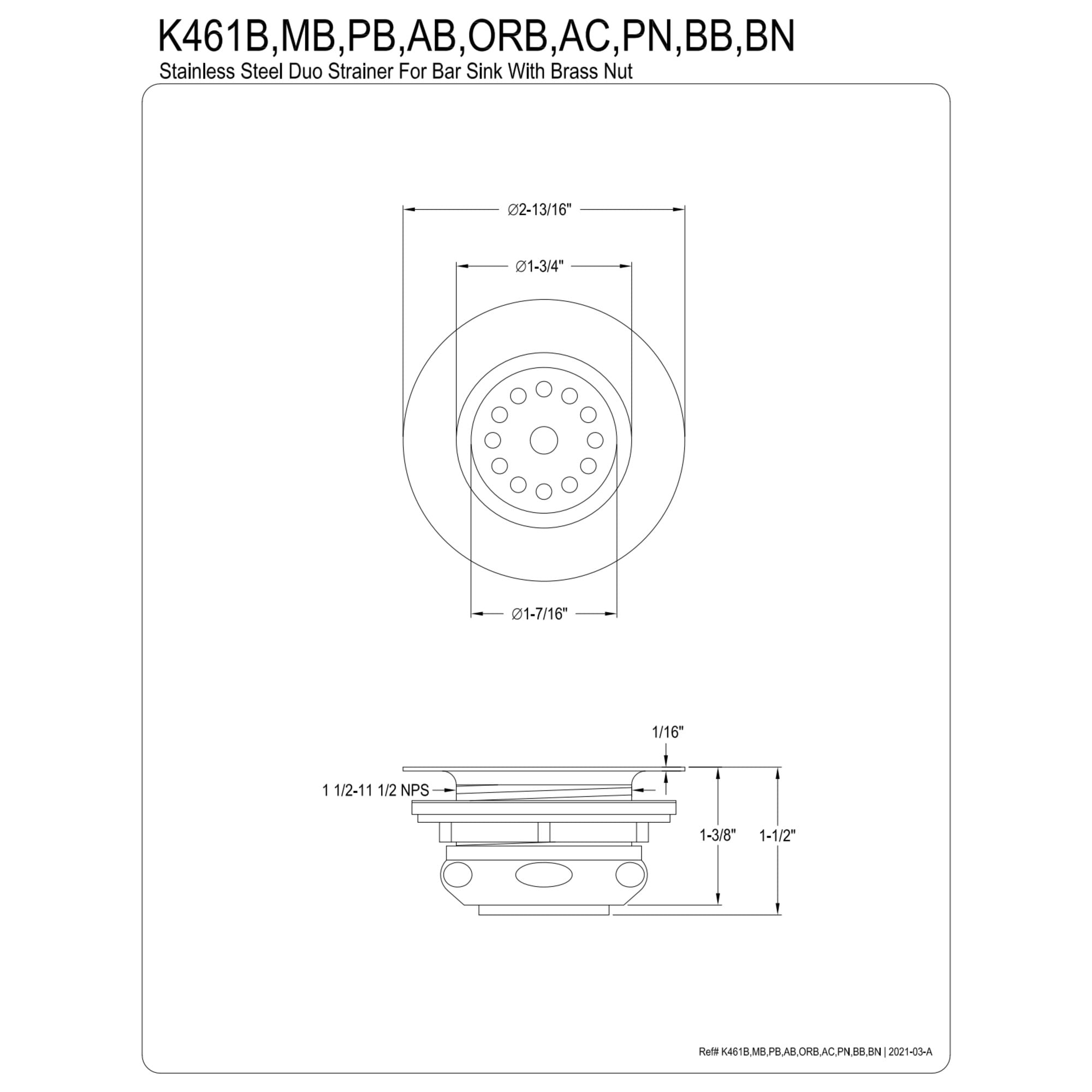 Kingston Brass K461BMB Stainless Steel Bar Sink Basket Strainer with Brass Nut in Matte Black