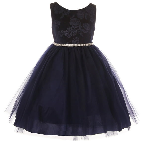 Little Girls Sleeveless Floral Velvet Rhinestone Tulle Holiday Flower Girl Dress Navy 2 (K45D4)