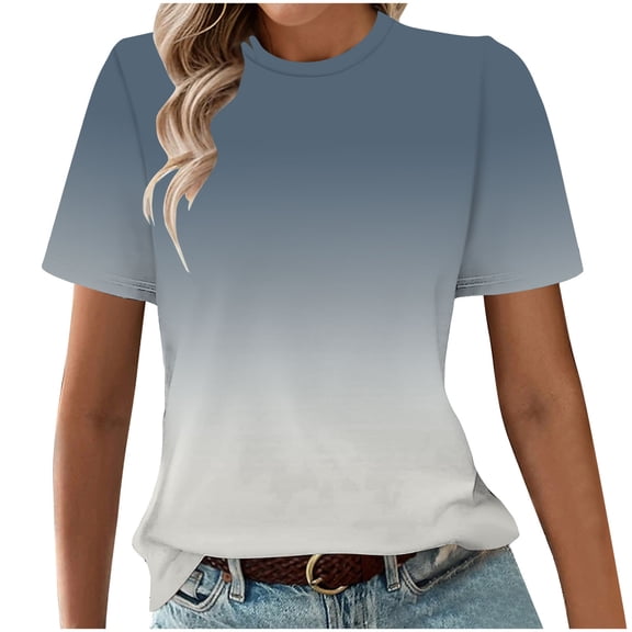 Ashirexll Short Sleeve Shirts for Women Fashion Printed Short Sleeve Blouse Round Neck Casual Loose Top for Spring Summer