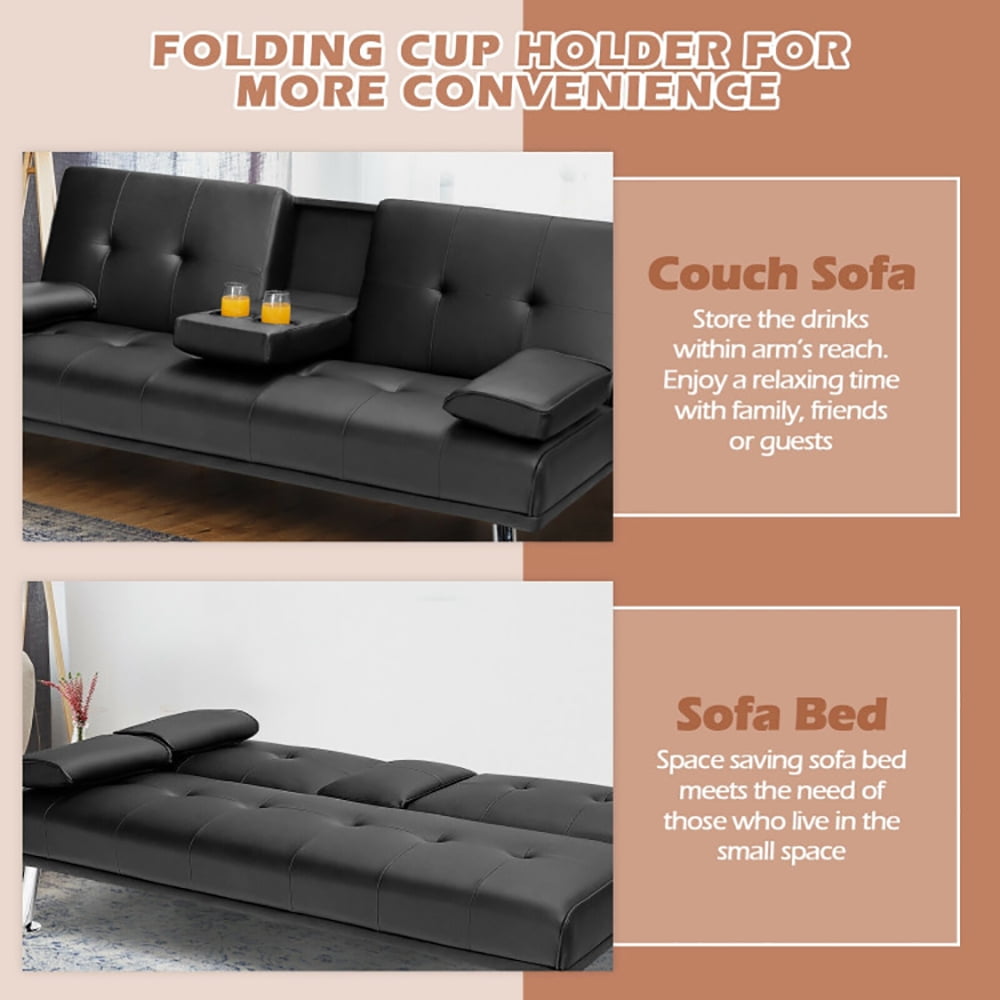 Finihen Futon Sofa Bed, Leather Couch, Convertible Folding Recliner, Convertible Folding Leather Futon Sofa with Cup Holders and Armrests, for Living Room, Bedroom, Black Finihen Futon Sofa Bed, Leather Couch, Convertible Folding Recliner, Convertible Folding Leather Futon Sofa with Cup Holders and Armrests, for Living Room, Bedroom, Black