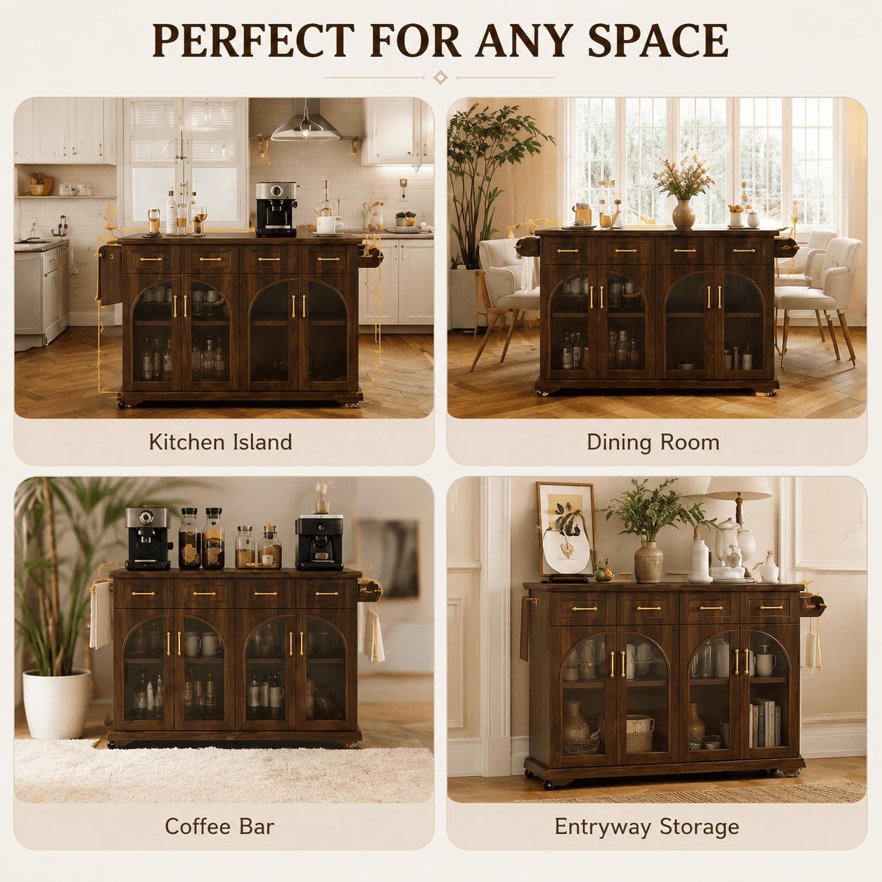 Homy Casa 65.2" Kitchen Island with Storage, Drop Leaf, Power Outlet and Arched Glass Doors, Walnut Brown