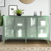 DeeHome Stylish 4-Door Tempered Glass Cabinet with 4 Glass Doors Adjustable Shelf and Feet Anti-Tip Dust-free Fluted Glass Kitchen Credenza Light Green