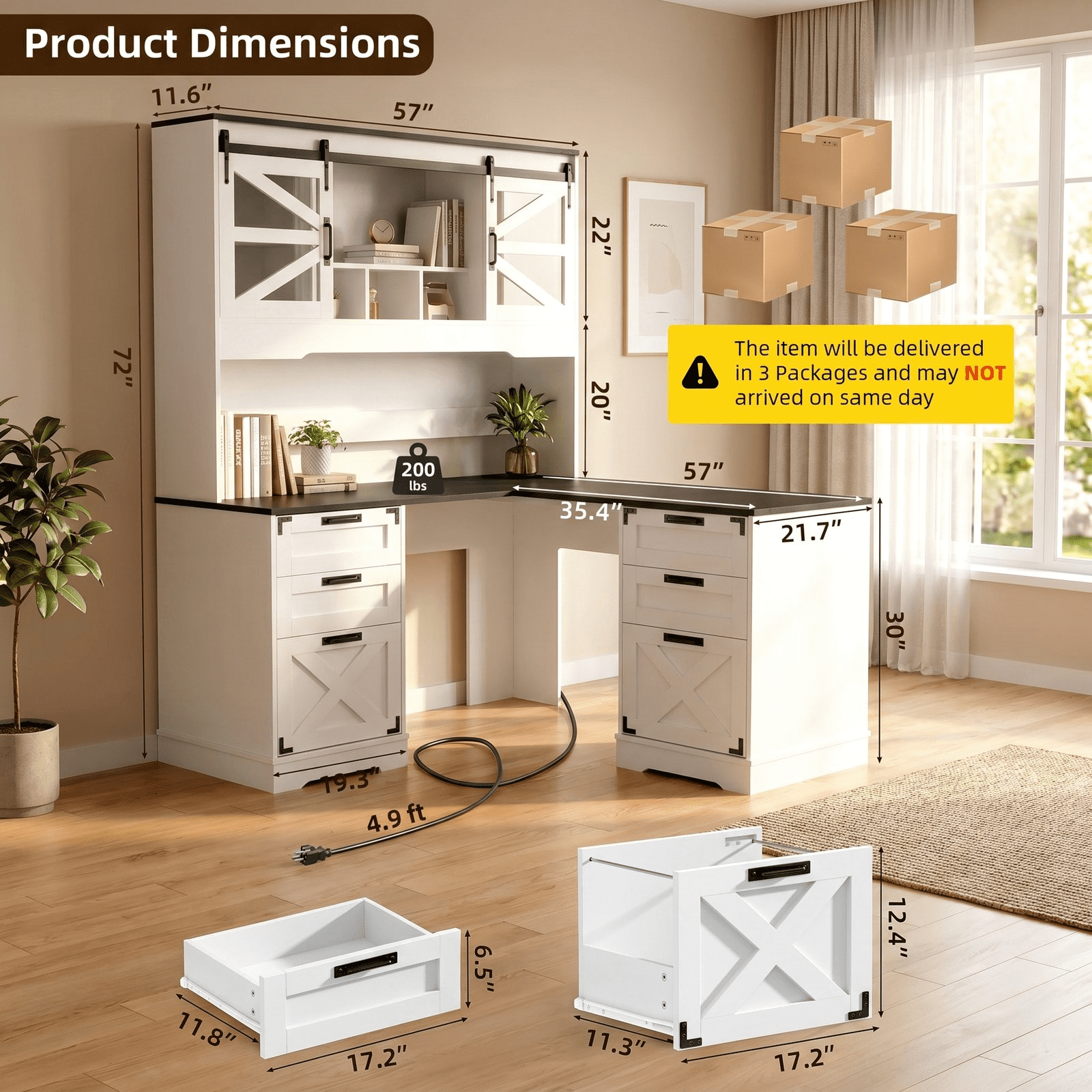 RichYa Farmhouse Executive Desk with Hutch, L Shaped Writing Study Table with Storage Shelves, File Drawers and Charging Station, for Home Office, White