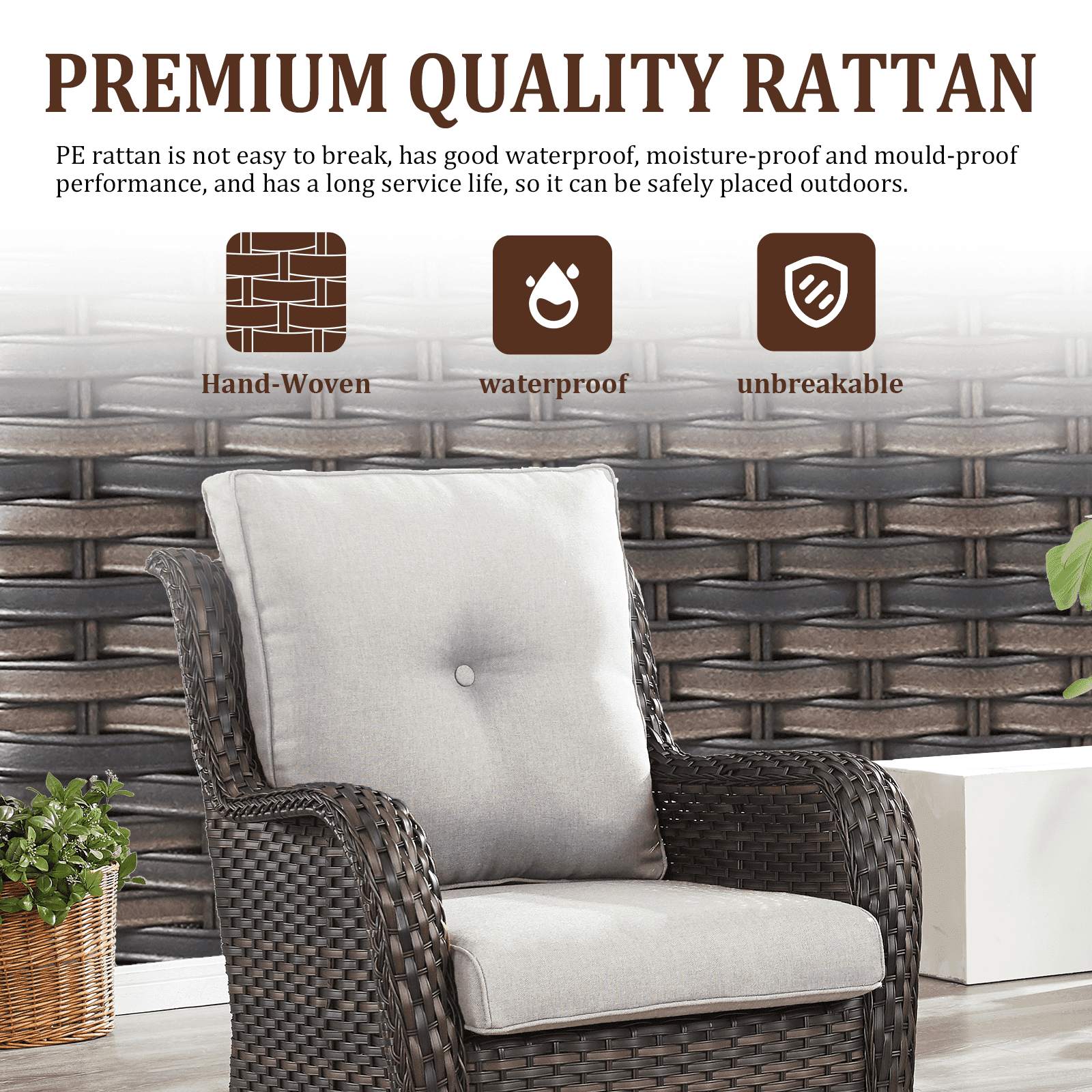 OPOHORO 6 Pieces Patio Conversation Set with 41" Fire Pit Table, Brown Wicker Rattan Furniture Set for Outside with Sectional Couch, Swivel Chairs, Ottmans and Rectangular Propane 41" Firepit - Beige