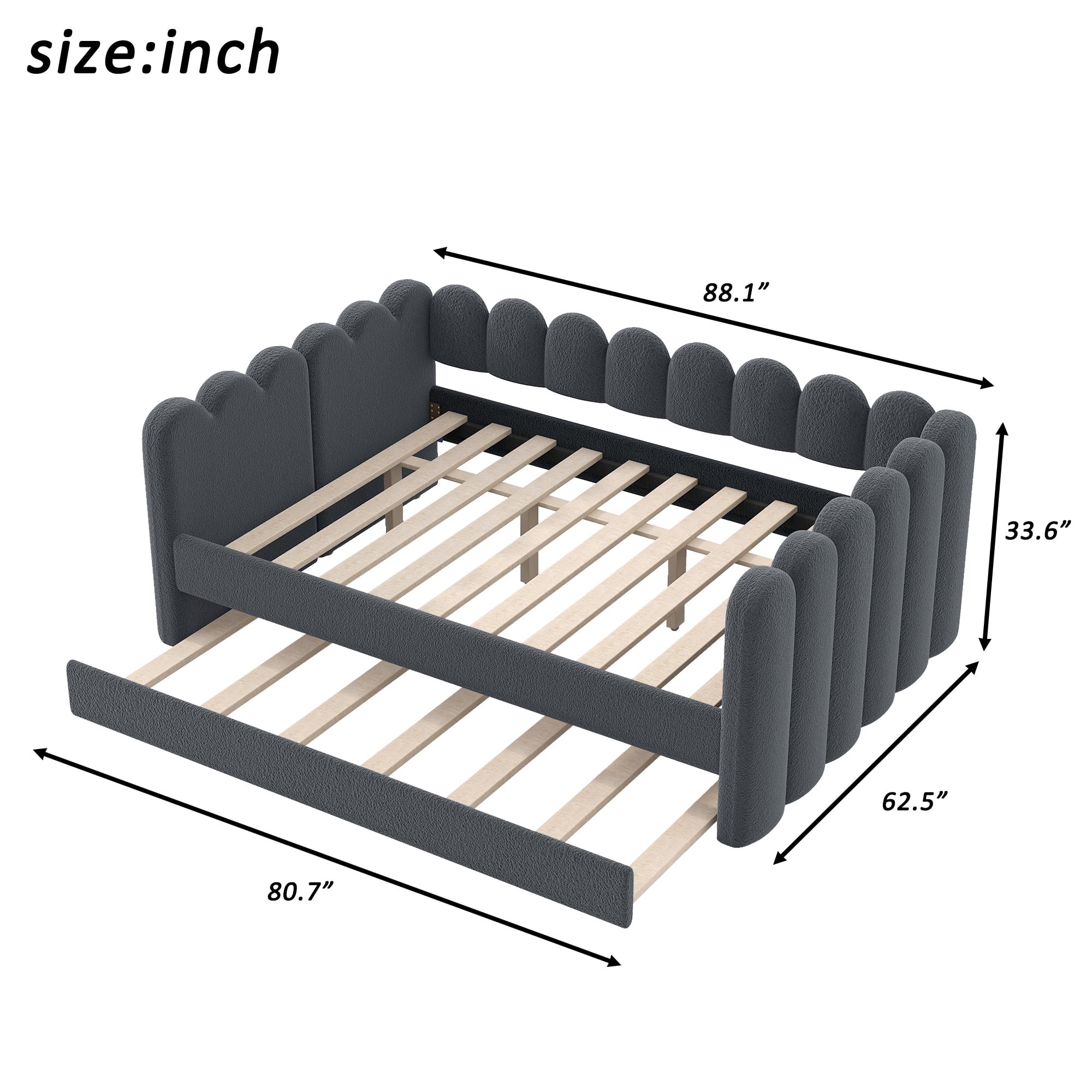 EUROCO Queen Size Upholstered Daybed with Twin Trundle, No Box Spring Needed, Velvet Sofa Bed for Guest Room/Living Room, Gray
