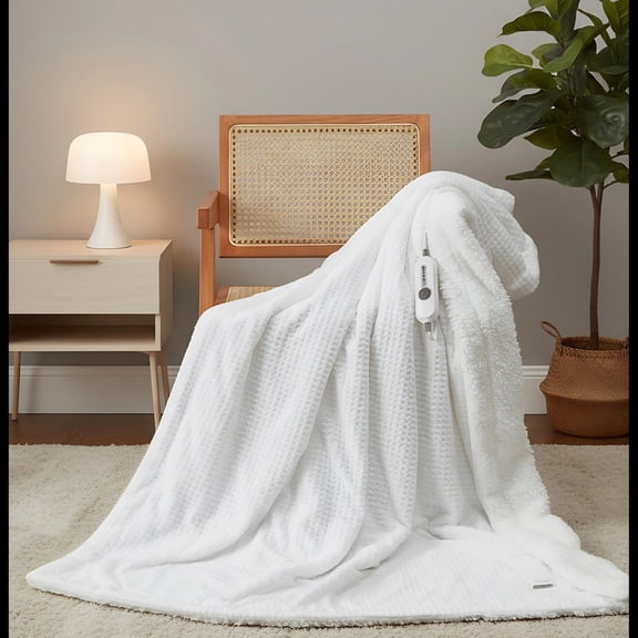 JoanKaren Heated Electric Blanket,Twin Size 62"x84" Waffle Heating Throws with ETL Certified,4 Heating Levels & 10 Hours Auto Off,White
