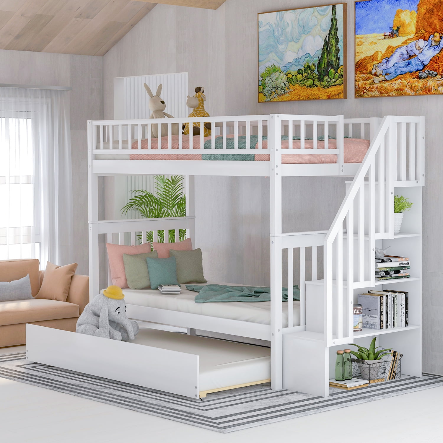 Modern Twin Over Twin Wood Bunk Bed with Trundle and Storage, Converted