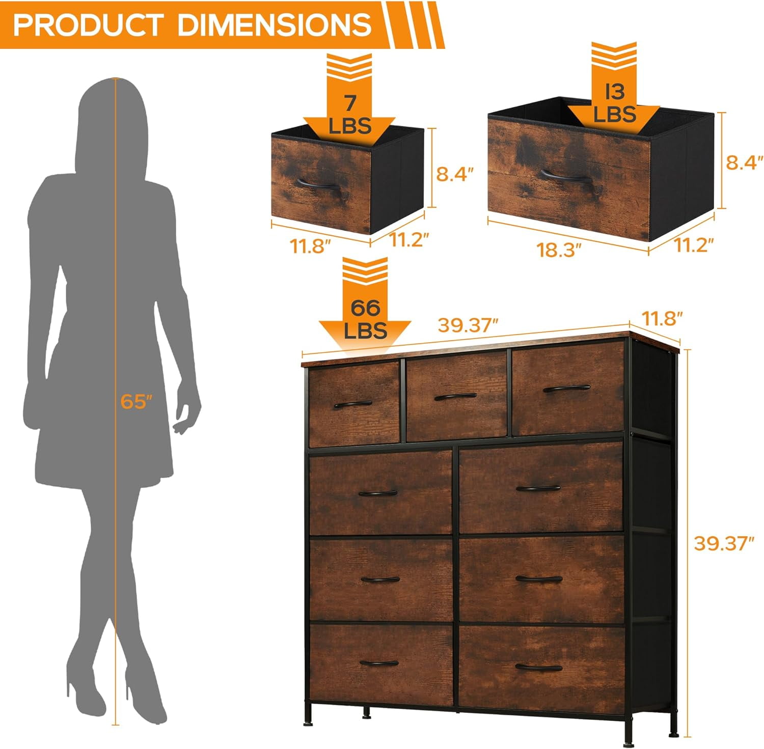 9 Drawer Dresser, Wide Chest Of Drawers Nightstand Storage Tower Storage Dresser Fabric Dresser With Wood Top for Living Room, Bedroom, Hallway, Rust