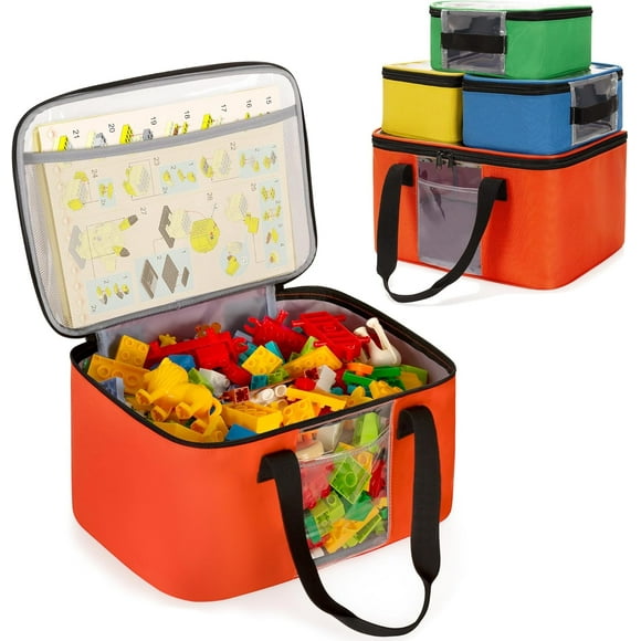 TRAHOO-4pcs Large Toy Storage Organizer Bag with 3 Small Zipper Bags Compatible with Lego Bricks, Building Blocks, Dolls, Toy Car, Magnetic Toy, Board Game Storage, On The Go Toy Storage Organizer
