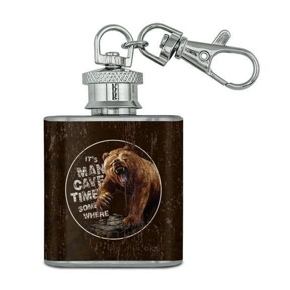 It's Man Cave Time Somewhere Bear Stainless Steel 1oz Mini Flask Key Chain