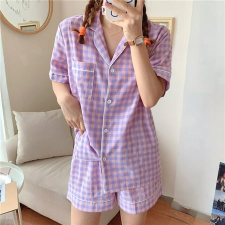 

CoCopeaunt New Women Short Sleeve Tops+Pants 2 Pieces Pajamas Set Korea Style Student Plaid Print Sleepwear Pijimas Loungewear Pyjamas