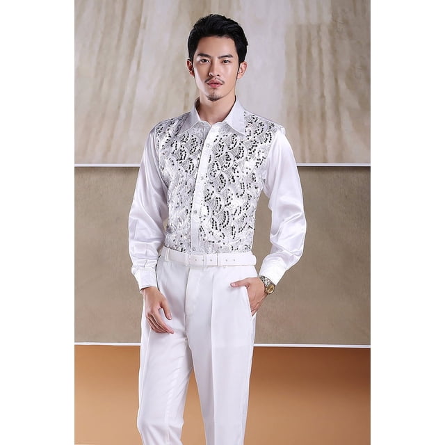 Camisa con lentejuelas para hombre, disfraz de actuación, disfraz de coro para adultos, disfraz de escenario, actuación de baile, camisa de manga larga