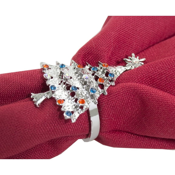 Decorative Reindeer Snowflake Christmas Tree Holiday Rhinestone Metal Napkin Rings - Set of 4 (Multi Silver Christmas Tree)