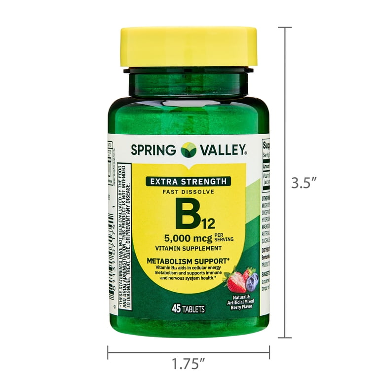 Spring Valley Fast-Dissolve Extra Strength Vitamin B12 Dietary Supplement  Tablets for Metabolism Support, Mixed Berry, 5000 mcg, 45 Count HSA/FSA  Eligible - Walmart.com