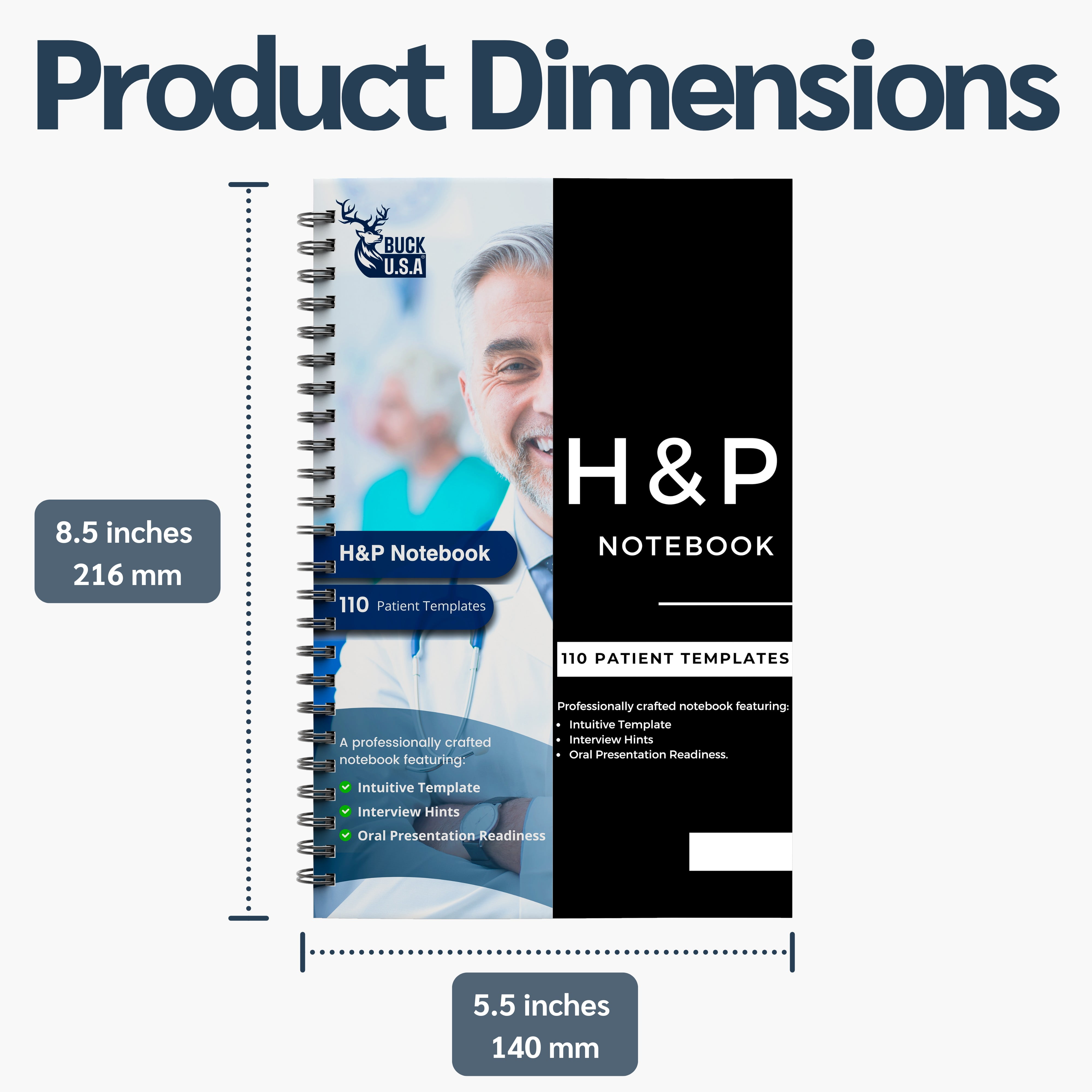 H&P Notebook: 110 Perforated Medical History & Physical Templates, 2-Page View, Spiral-Bound, Pocket Size 8.5"x5.5", Includes Medicine Reference Sheet, Ideal for Students & Professionals - 1 Pack