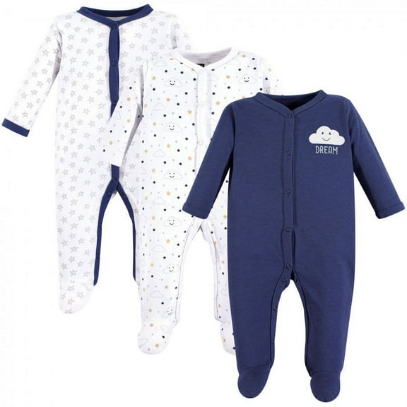 Hudson Baby Infant Boy Cotton Snap Sleep and Play 3pk, Navy Clouds, 0-3 Months