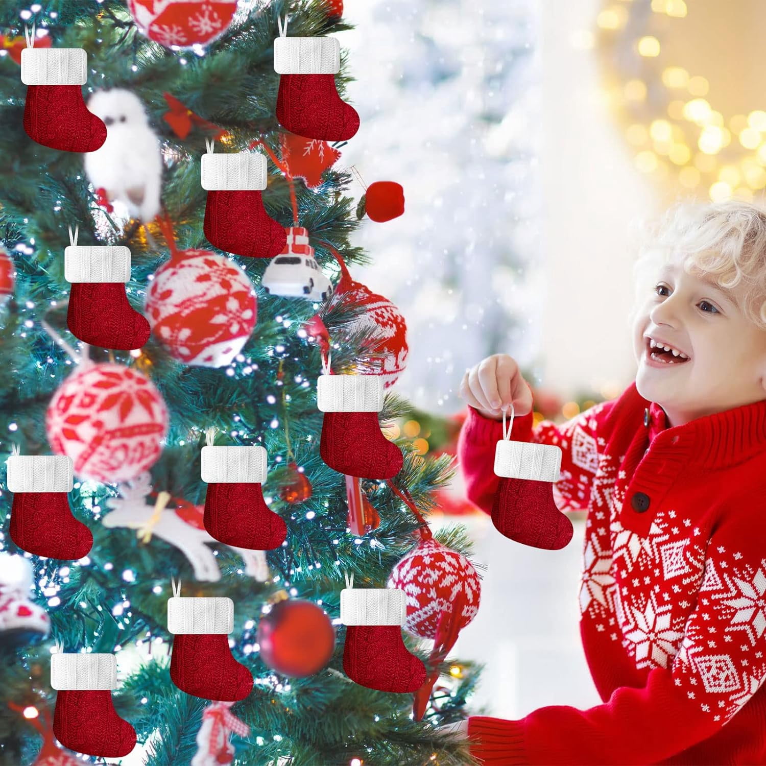 24PCS Christmas Mini Stockings Red Cable Knit Xmas Rustic Stocking Mini Stockings Christmas Bulk Little Holiday Hanging Decorations Christmas Tree Ornaments for Fireplace Mantel Tree Party Decor