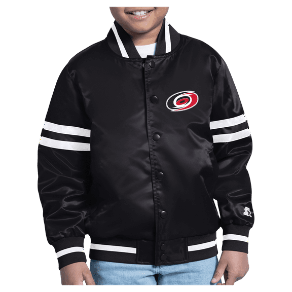 Youth Starter Black Carolina Hurricanes Starter Printed Logo Satin Varsity Full-Snap Jacket