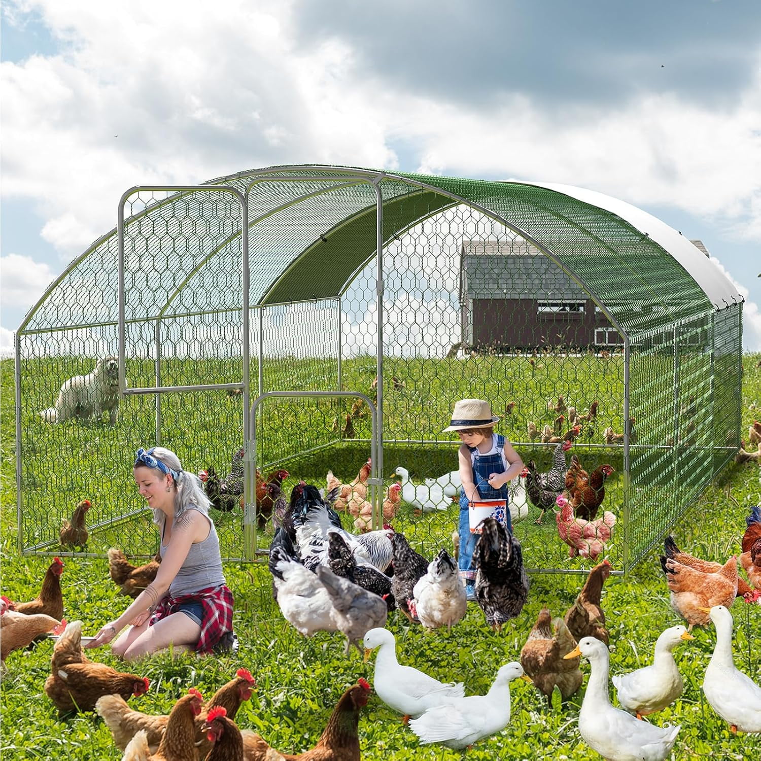 Lumiparty Extra Large Metal Chicken Coop, Walking Poultry Cage Hen Run House Rabbits Habitat Cage Coops, with Waterproof and Anti-Ultraviolet Cover for Backyard Farm, Silver
