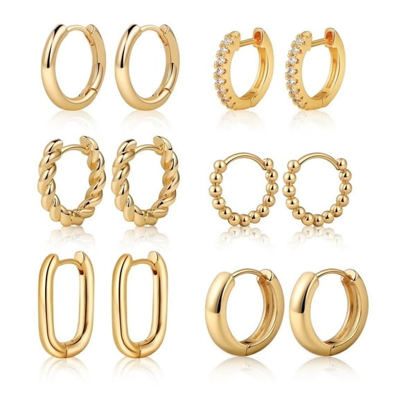 14K Gold Plated Hoop Earrings Set for Women, 6 Pairs Hypoallergenic Chunky Huggie Earrings Jewelry Gift, Twisted, Beaded, Thick Small Gold Hoops
