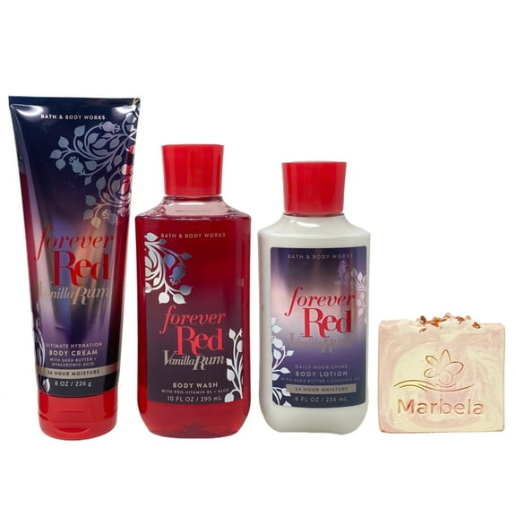 Bath & Body Works Forever Red Vanilla Rum Trio Gift Set - Body Cream, Body Wash and Body lotion - with a Himalayan Salts Springs Bar Soap