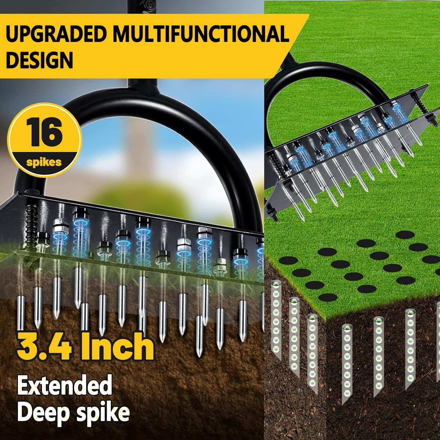 Lawn Aerator Tool With 16 Steel Spikes  Grass Tools Spring-loaded Design & Adjustable T-handle Pre-assembled Hand For Courtyard And Garden