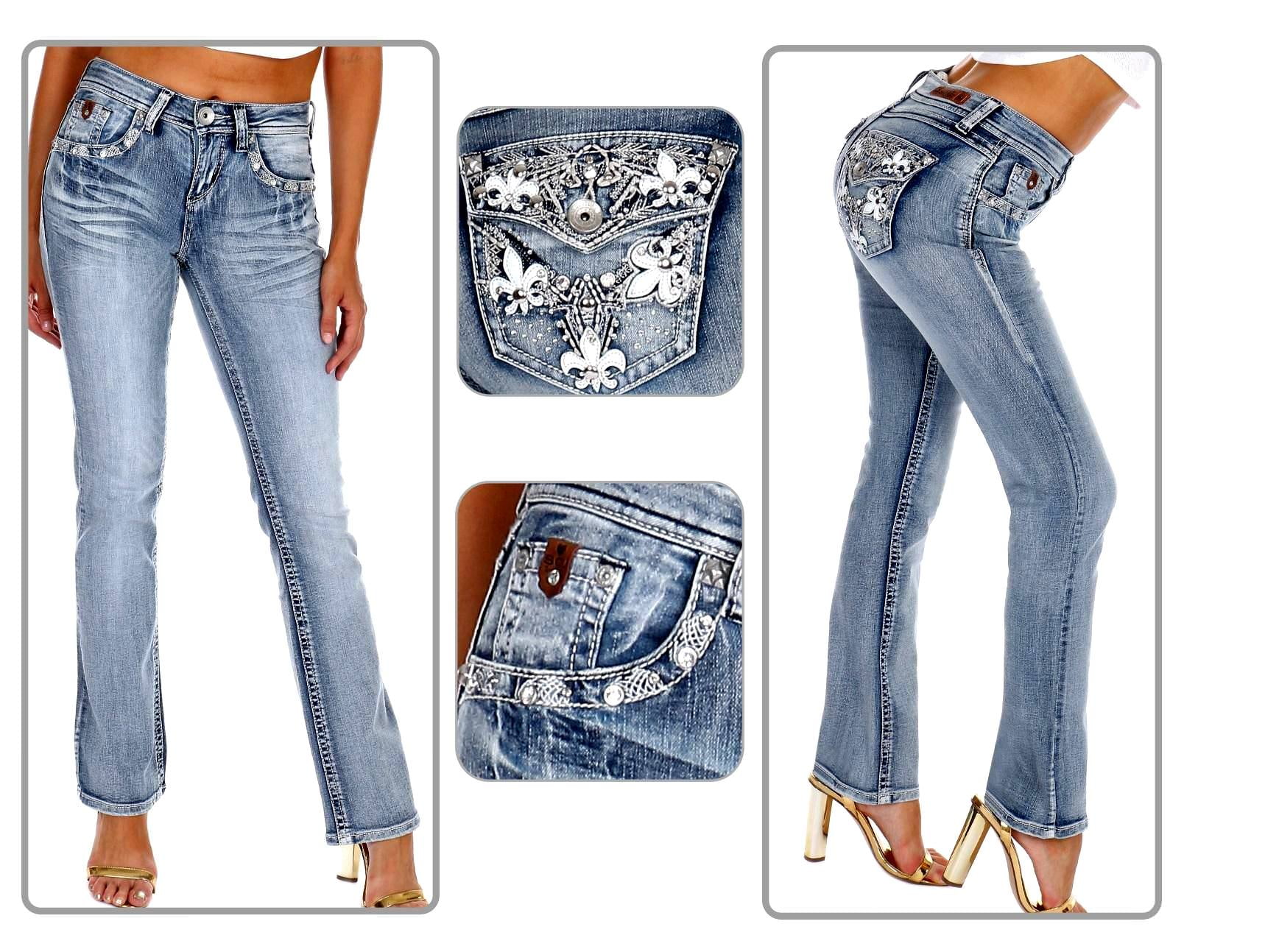 Jack David Women's Rhinestone Mid Rise Bootcut Stretchy Denim Jeans Pants  (Bootcut Blue S96-pb )